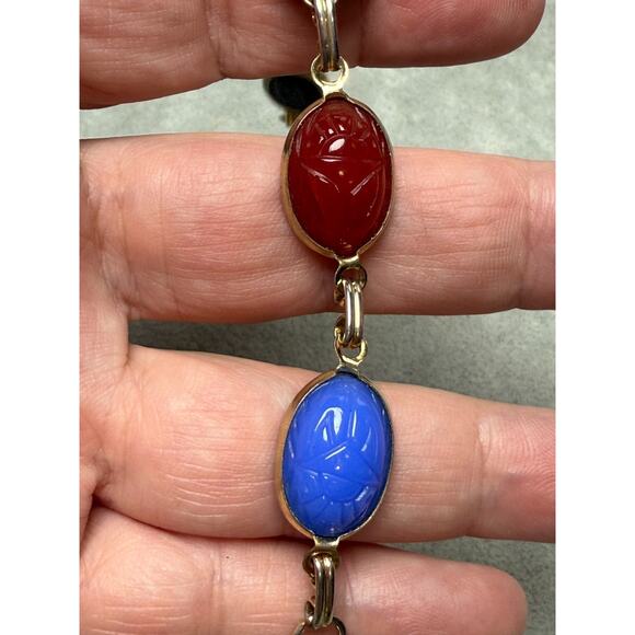 Vintage 7.25" Egyptian Revival Scarab Beetle Bracelet Semi Precious Gold Tone - Picture 3 of 5